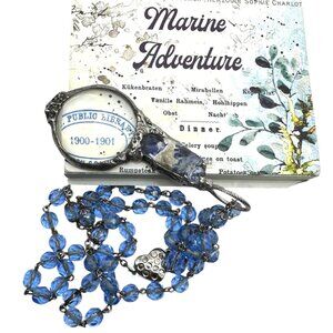 Natural Blue Opal & Magnifying Glass Silver Blend  Glass Beaded Artisan Necklace